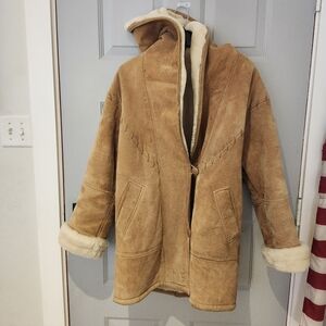 Vintage Women's Gallery Western Tan Suede Faux Shearling Coat w Hood Medium